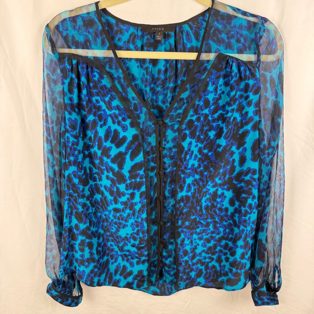 Anthropologie Aryn‎ K Blue Silk Sheer Leopard Print Blouse Small Button Front